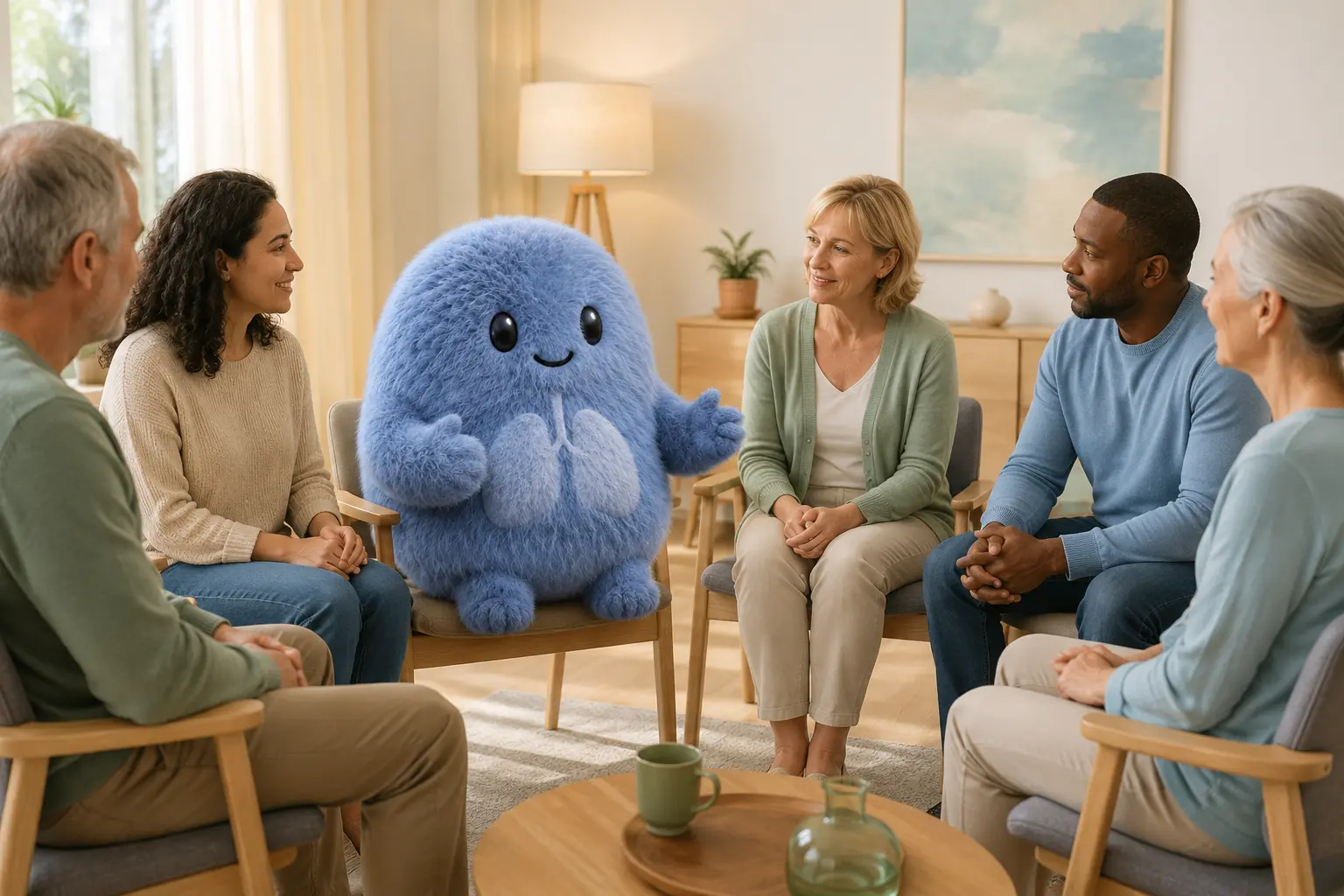 Das blaue Maskottchen sitzt in einem respektvollen Gesprächskreis mit erwachsenen Teilnehmenden