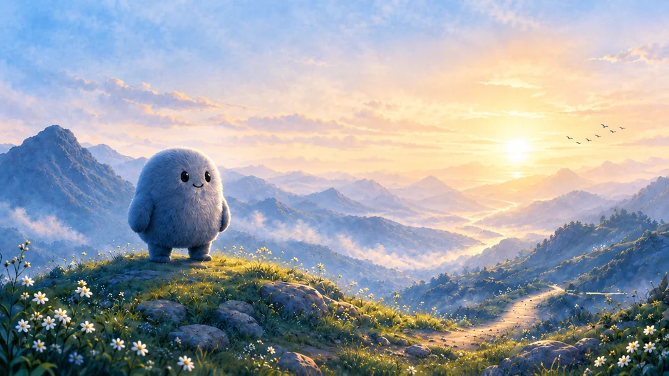 Das blaue Maskottchen steht links auf einer blühenden Bergwiese vor einem sonnigen Bergpanorama.
