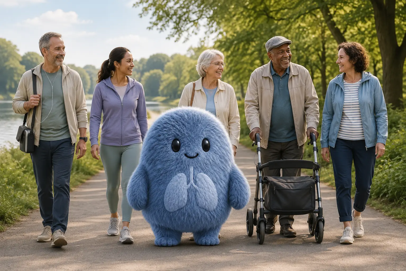 Das Maskottchen geht entspannt mit einer vielfältigen Gruppe spazieren; eine Person nutzt einen Rollator, eine andere mobilen Sauerstoff
